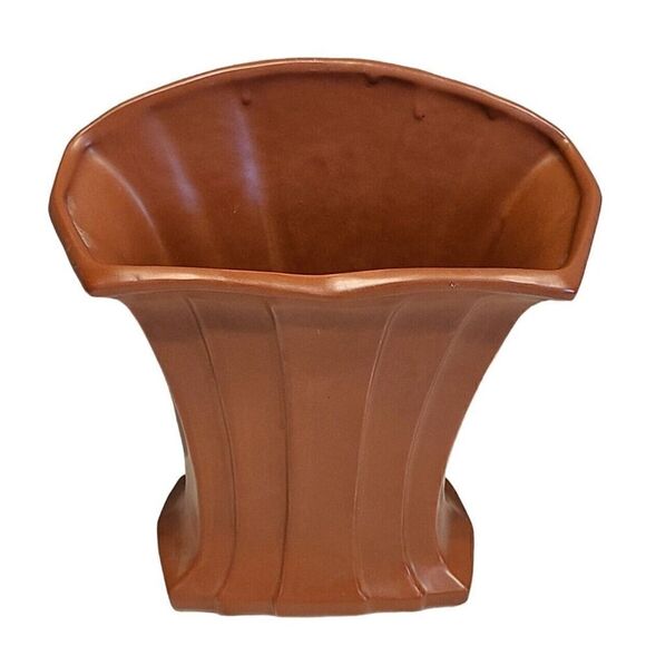 Art Deco McCoy Vase Brown Matte Finish Fan Design Vintage Planter 7.5" Décor EUC - Picture 3 of 12